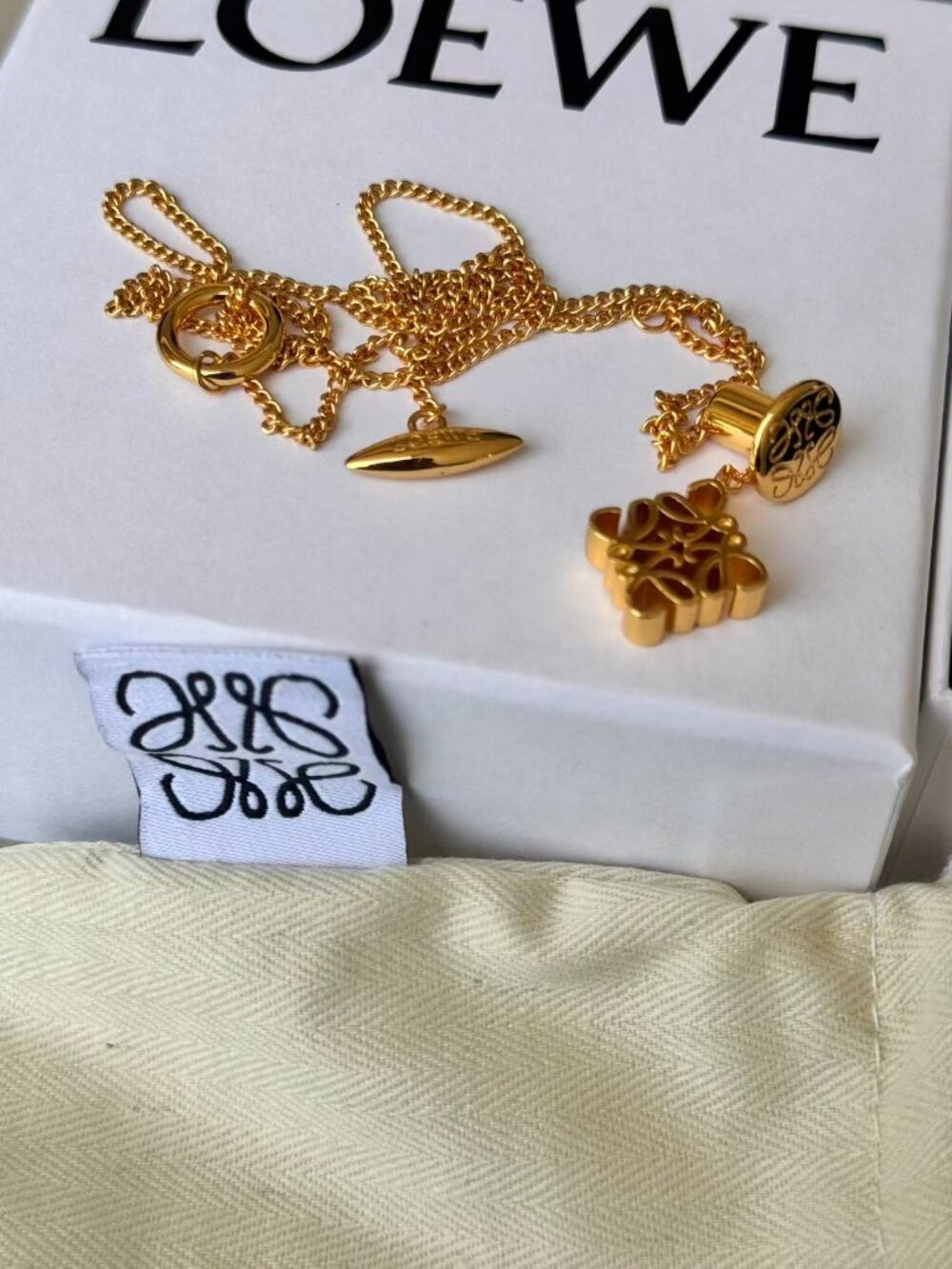 LOEWE Gold Tone Anagram Pendant Necklace Chain Minimalist Luxury - Picture 4 of 9